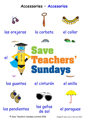 Accessories in Spanish Worksheets, Games, Activities and Flash Cards (with audio)