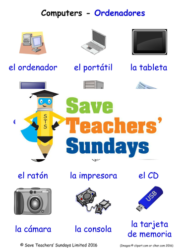 Computers in Spanish Worksheets, Games, Activities and Flash Cards (with audio)