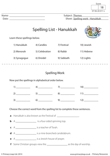Hanukkah worksheet: Spellings