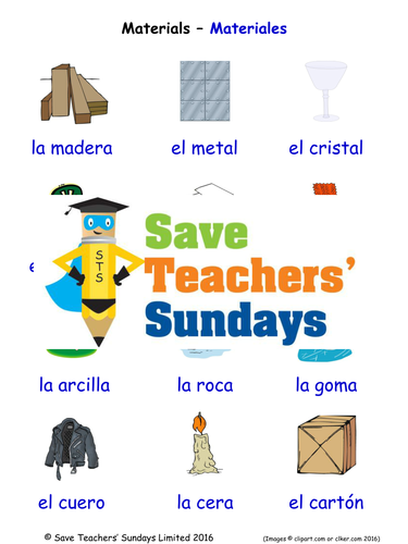 Materials in Spanish Worksheets, Games, Activities and Flash Cards (with audio)