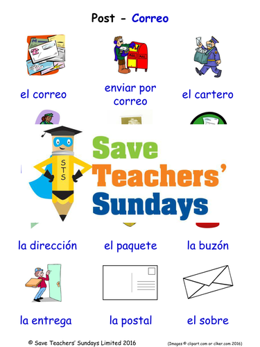 Post in Spanish Worksheets, Games, Activities and Flash Cards (with audio)