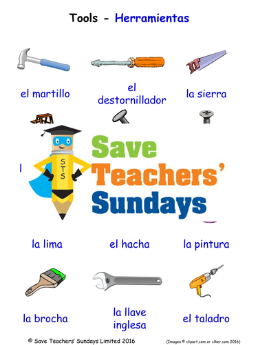Tools in Spanish Worksheets, Games, Activities and Flash Cards (with audio)