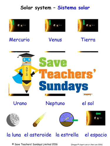 Solar System in Spanish Worksheets, Games, Activities and Flash Cards (with audio)