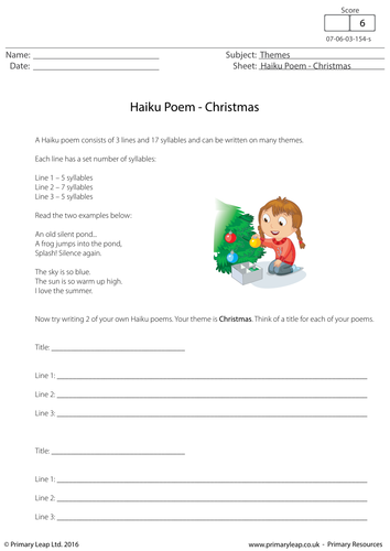 Christmas Worksheet: Haiku Poem