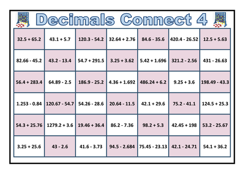 Decimal Addition and Subtraction Connect 4