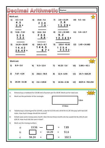 Decimal Addition and Subtraction Worksheet