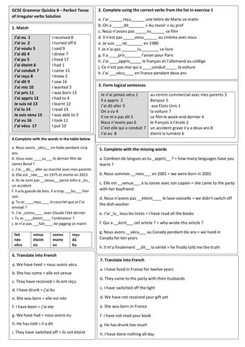 gcse french grammar revision quickies with solutions teaching resources