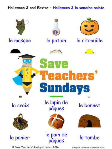 Halloween (2) and Easter in French Worksheets, Games, Activities and Flash Cards (with audio)