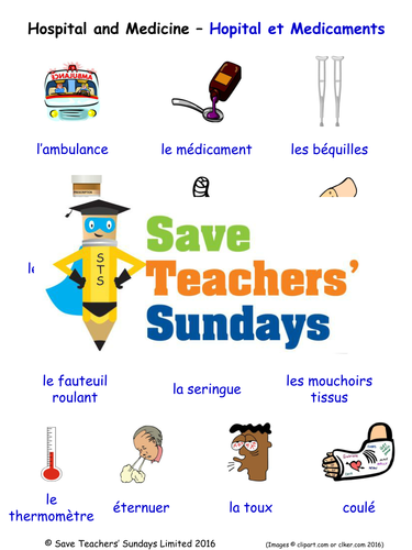 Hospital and Medicine in French Worksheets, Games, Activities and Flash Cards (with audio)