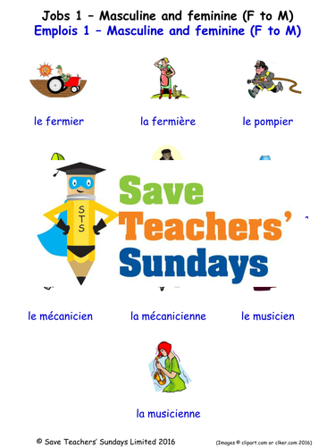Jobs (F to M) in French Worksheets, Games, Activities and Flash Cards (with audio) 1
