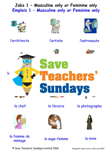 Jobs - Masculine & Feminine Only in French Worksheets, Games, Activities & Flash Cards (with audio)1