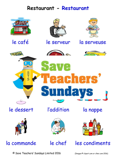 Restaurant in French Worksheets, Games, Activities and Flash Cards (with audio)