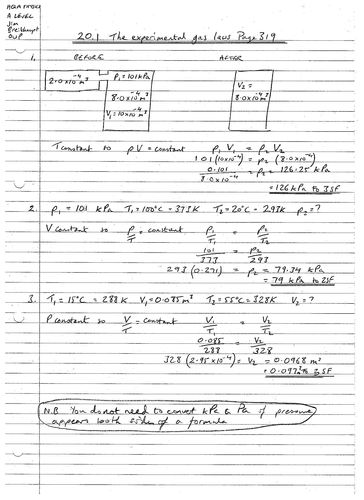 AQA A Level Physics - answers to the summary questions chapter 20 Gases