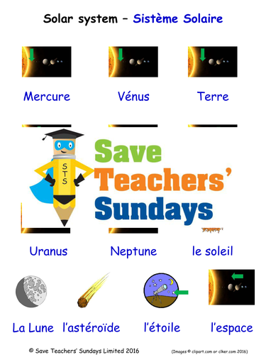 Solar System in French Worksheets, Games, Activities and Flash Cards (with audio)