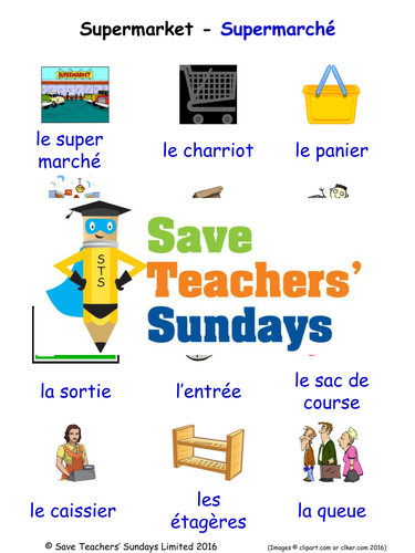 Supermarket in French Worksheets, Games, Activities and Flash Cards (with audio)