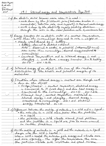 AQA A Level Physics - answers to the summary questions chapter 19 Thermal Physics