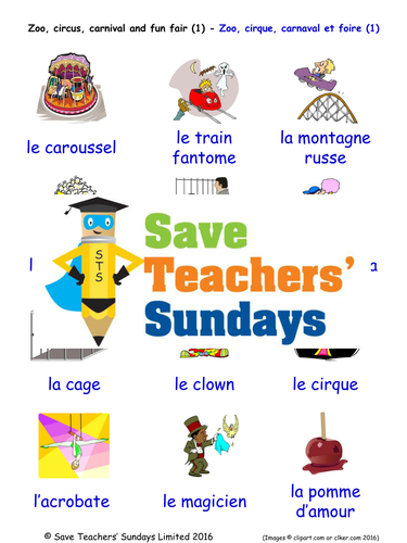 Zoo/Circus/Carnival & Fun Fair in French Worksheets, Games, Activities & Flash Cards (with audio) 1
