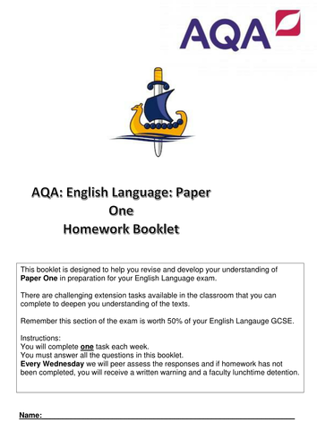 AQA PAPER ONE (9-1) GCSE English Language NEW! Homework Booklet