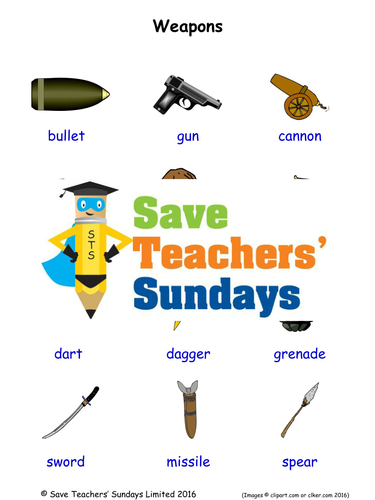 Weapons EAL/ESL Worksheets, Games, Activities and Flash Cards (with audio)