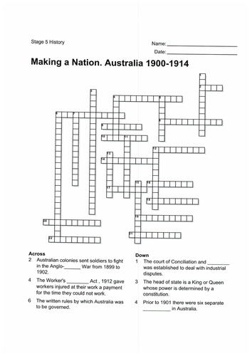 Crossword and word search - Making a Nation. Australia 1900-1914