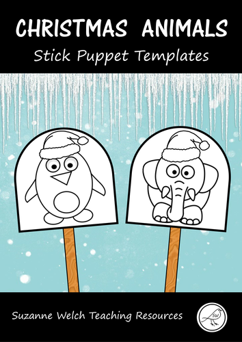 Christmas Puppets - animals with Santa hat - Stick puppet templates