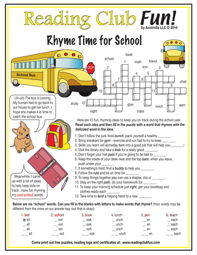 Rhyme Time for School Crossword Puzzle | Teaching Resources