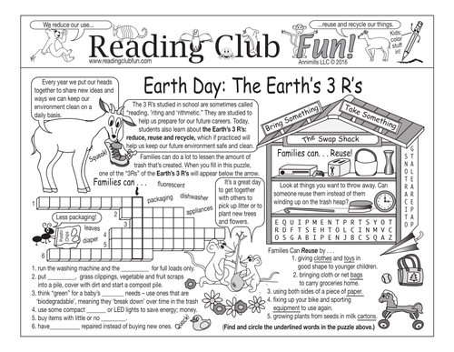 Earth Day 3 R's - Reduce Reuse Recycle Two-Page Activity Set