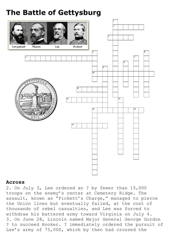 The Battle of Gettysburg Crossword Teaching Resources