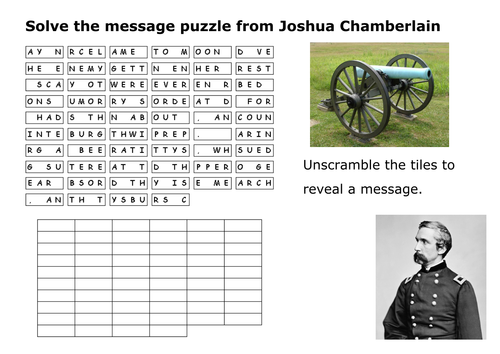 Solve the message puzzle from Joshua Chamberlain about the Battle of Gettysburg