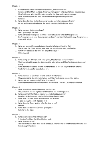 Coraline questions and answer by chapter for comprehension