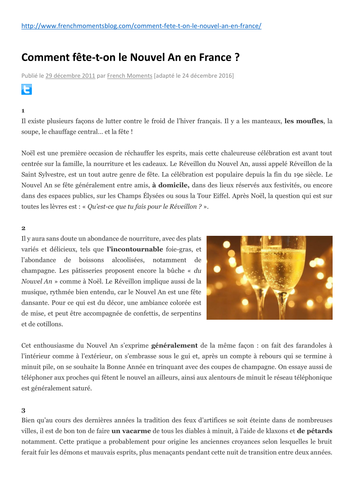French New Year Traditions Article, Worksheet and Answers - KS5
