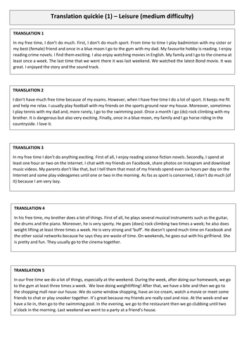 KS3/4 French Translation- Leisure: 5 translations with solution and pre-translation prep