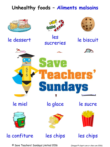 Unhealthy Foods in French Worksheets, Games, Activities and Flash Cards (with audio)