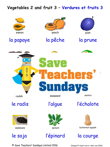 Fruits 3 and Vegetables 2 in French Worksheets, Games, Activities and Flash Cards (with audio)
