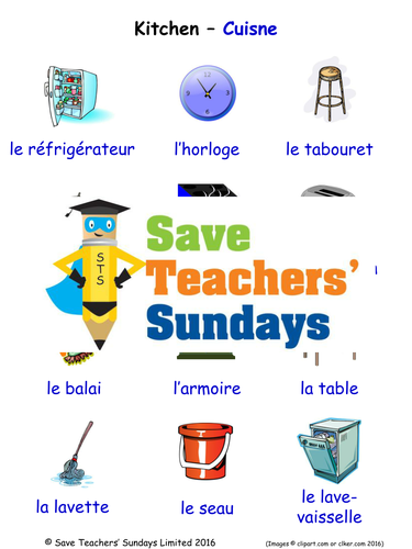 Kitchen in French Worksheets, Games, Activities and Flash Cards (with audio)