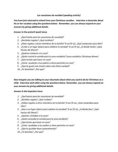 Las vacaciones de navidad speaking activity