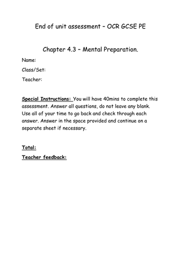 Chapter 4.3 Mental preparation chapter assessment and mark scheme for OCR GCSE PE 2016 spec