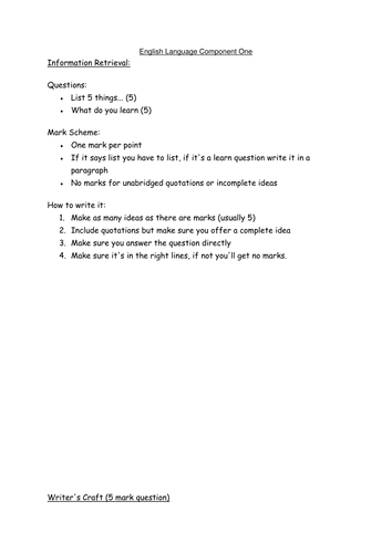 EDUQAS GCSE English Language Component 1 Revision sheets