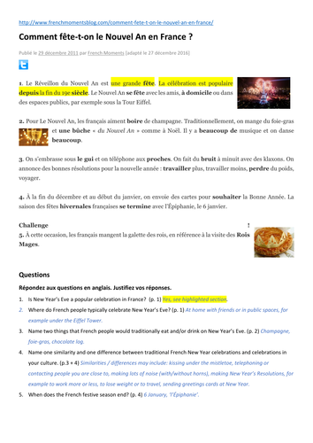French New Year Traditions - KS2 + KS3 - Full lesson - Worksheet and Answers
