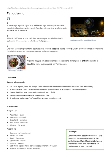 Italian New Year Traditions - KS3 - Worksheet and Answers