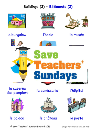 Buildings in French Worksheets, Games, Activities and Flash Cards (with audio) 2
