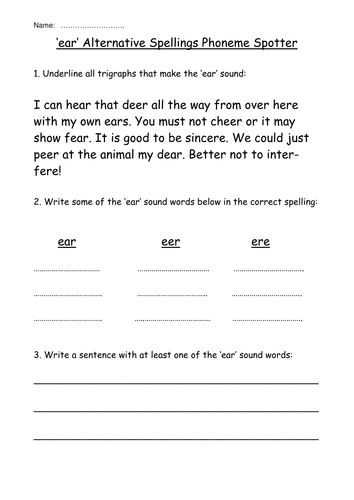 'ear' Sound Alternative Spelling Phoneme Spotter Worksheet