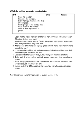 Halving/ Dividing by 2 Word Problems