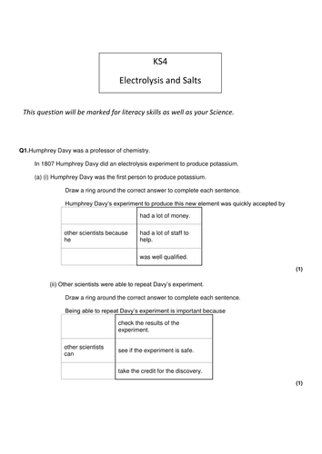 GCSE chemistry Electrolysis ( and salt ) specific exam questions and their markschemes