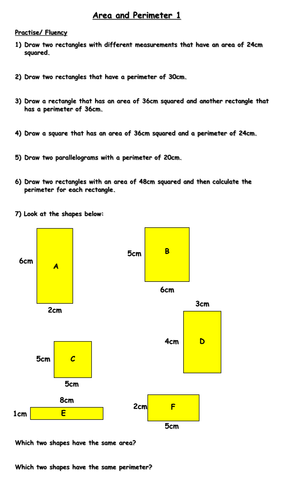 Same area but different perimeter and vice versa worksheet (Year 6)