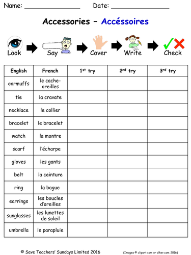 Clothes in French Spelling Worksheets (3 worksheets)