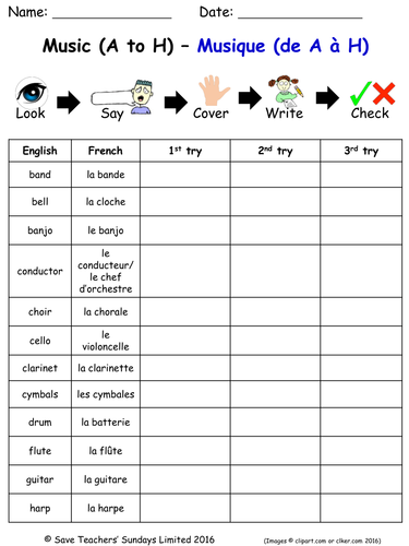 Musical Instruments in French Spelling Worksheets (2 worksheets)
