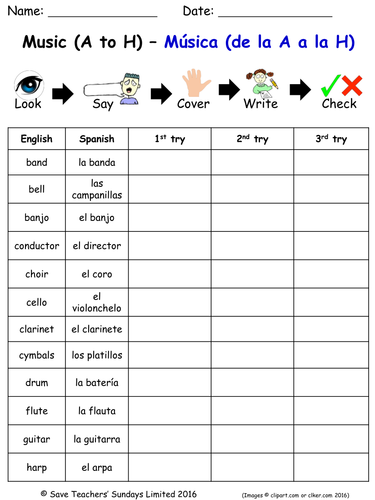 Musical Instruments in Spanish Spelling Worksheets (2 worksheets)