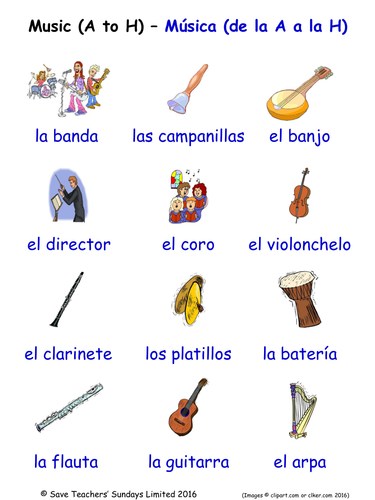 Musical Instruments in Spanish Word Searches (2 Wordsearches)