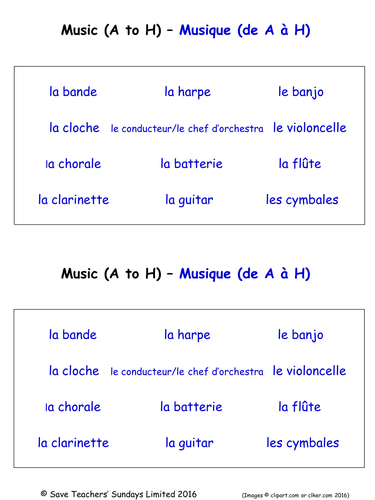 Musical Instruments in French Worksheets (2 Labelling Worksheets)